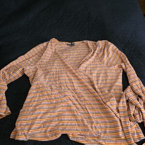 Modcloth Vibrant Orange and White Striped Long Sleeve Wrap Top